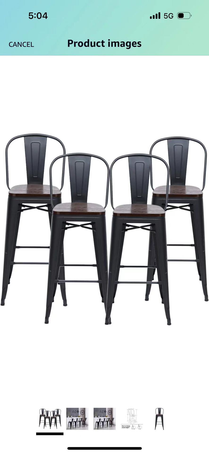  30" High Back Barstools Metal Stool with Wooden Seat [Set of 4] Counter Height Bar Stools, Matte Black 