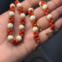 Natural Red Coral & Cream Bead Necklace 20” Gold Tone Clasp