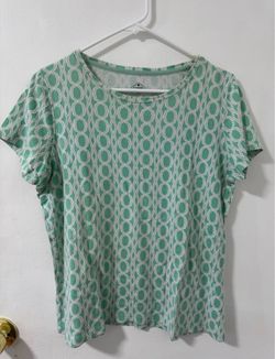 St. John’s Bay Womens Teal Short Sleeve Oval Pullover Top PL Large Geometric