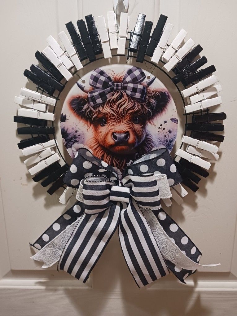 Baby Cow In Black And White Handmade, Hand Painted Clothes Pin Wreath