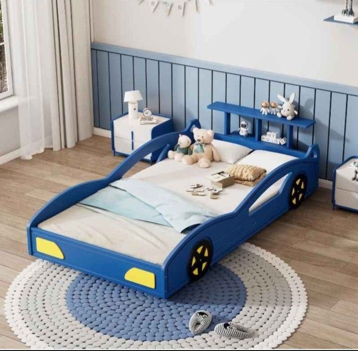 Wooden Race Car Bed,Car-Shaped Platform Twin Bed Frame for Boys Girls Kids Adults Toddler with Wheel