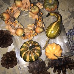 Lifelike mixed pumpkin pine cones and candle wreath 