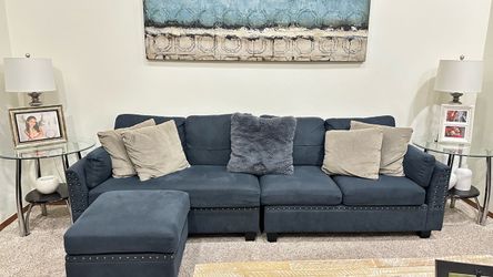 Beautiful Navy Blue Sofa + Matching Ottoman – Great Condition