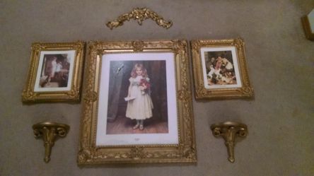 Beautiful Wall pictures 6 each with 2 candles holder and Clock good condition
