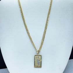 14k Solid Gold Cubana Diamond Cut Chain  And Square San Judas Pendant , Necklance Gold