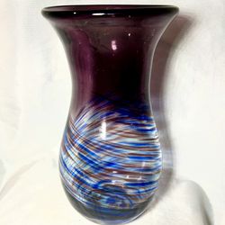 Hand-Blown Art Glass Purple with Colorful Swirls Vase Blue And Purples Swirlsq