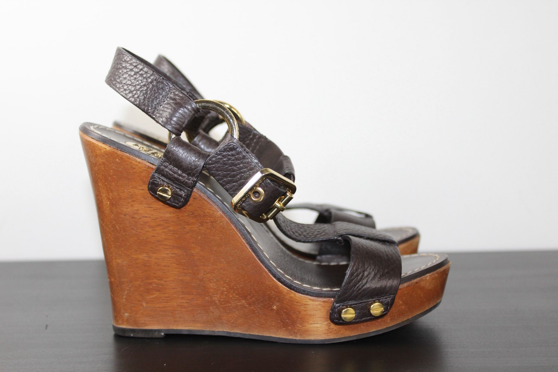 Tory Burch Beckett Dark Brown Leather Wedge Platform Sandals Size 5