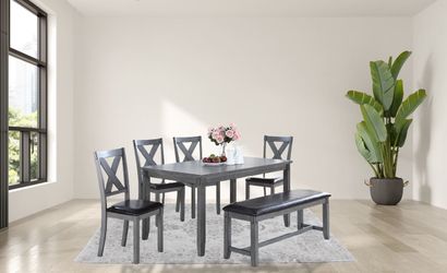 6-Pcs Dining Set, Wood Dining Set, 4 Chairs , 1 bench with  a Table, Kitchen Furniture, Casual dining room set, Matching Dining Chairs