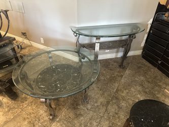Matching Half Moon Sofa Table And Round Coffee Table Both Have Thick rounded Glass Tops With Real Marble Shelf's 