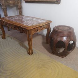 Nice Sturdy, Ornate,  Granite Top Wood Frame Coffee Table And Wood  Ornate Side Table Buy Together Or Seperate