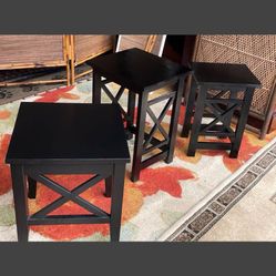 Set of 3- Black Solid Wood Tables, Excellent Condition.  Dimensions:  16x14x21H 16x16x19H 13x11x18H   