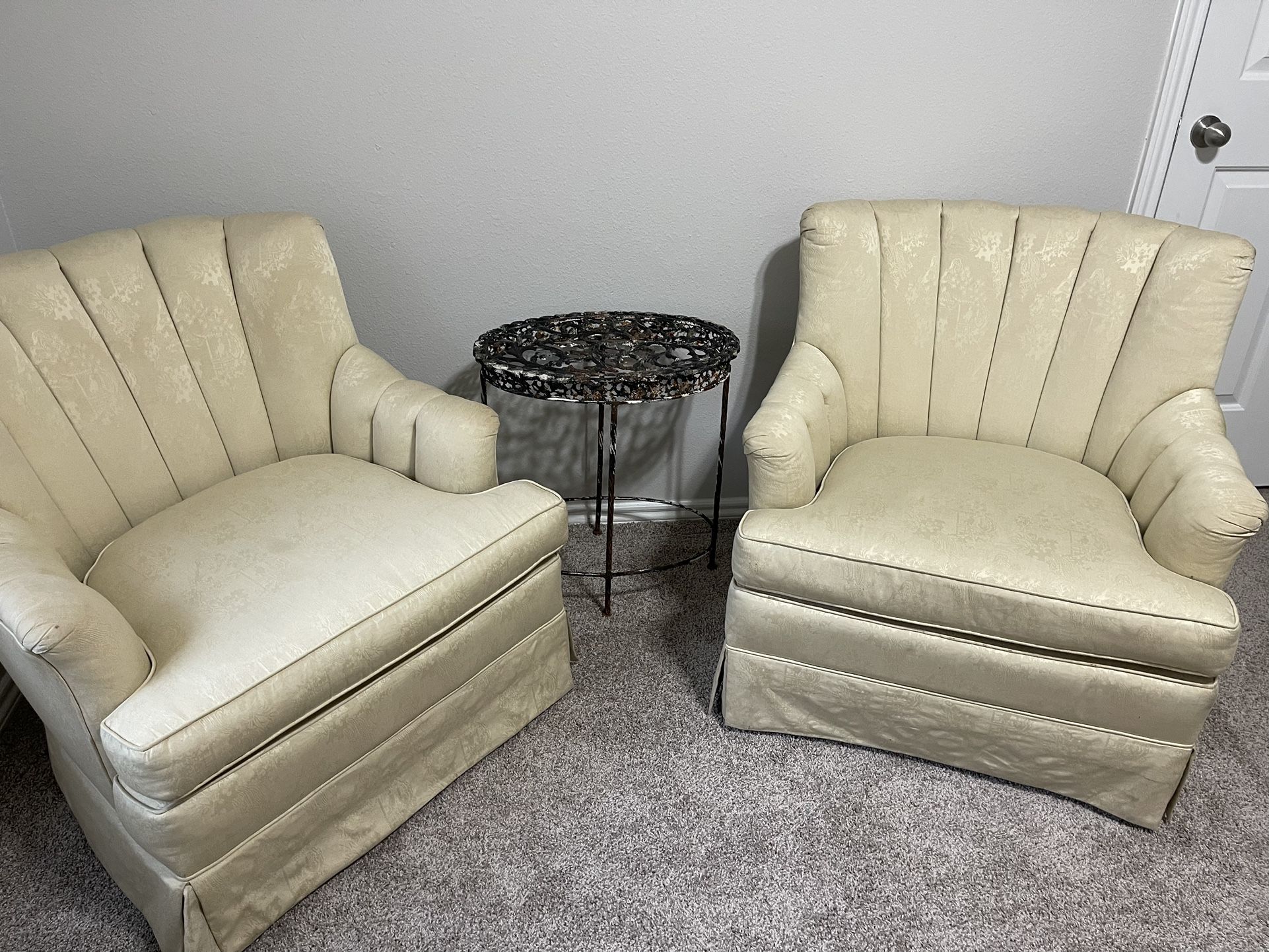 Vintage Cream Mid Century Chanel Back Silk Chairs! A Pair! Beautiful!
