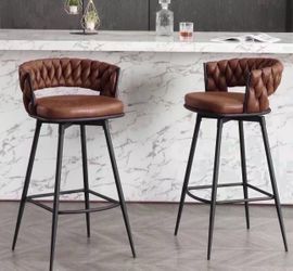Modern Bar Stools Set of 2, 26" Bar Height Barstools, 180° Swivel Suede Fabric Stool Chairs with Woven Back and Footrest for Kitchen Island, Cafe, Pub