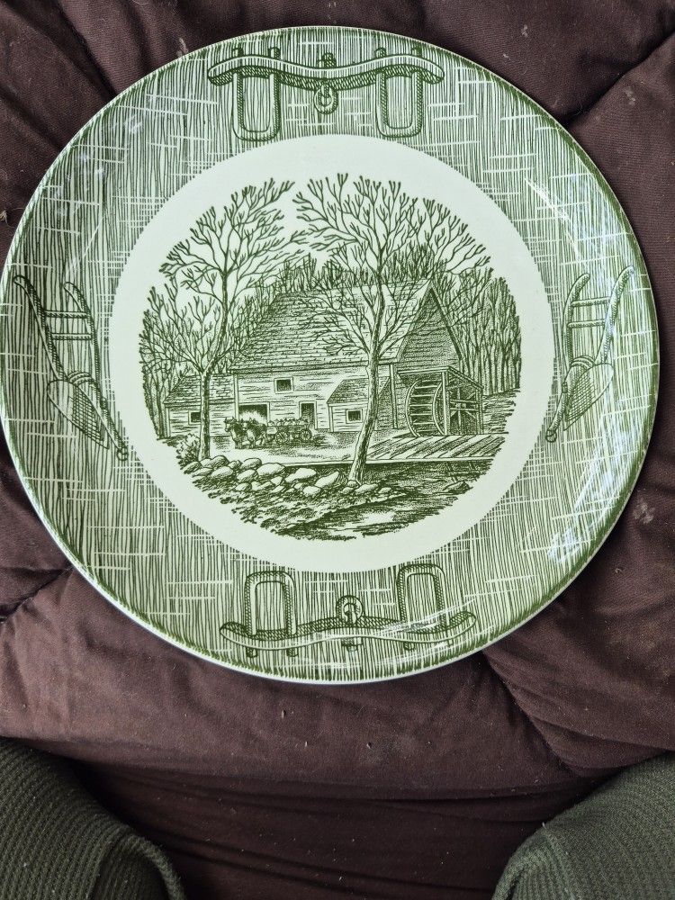 nThe product is a set of nine 9.25” dinner plates featuring a vintage Currier & Ives pattern, made of ceramic and originating from America. These roun