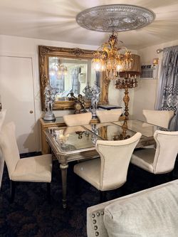 Z gallery inspired mirror dining table with 6 ivory chairs