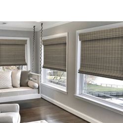 Radiance Farmhouse Cut-to-Size Driftwood Gray Cordless Semi-Private Light Filtering Flat Bamboo Roman Shade - 30 in. W x 64 in. L