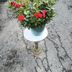 Vintage Mid Century Hollywood  Regency Marble Top / Brass Pedestal Base Plant Stand / Side Table