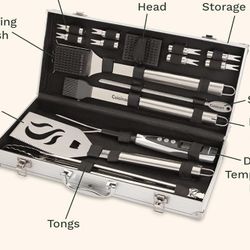 Cuisinart Deluxe Grill Tool Set, 20-Piece Grill Tools BBQ Accessories with Aluminum Case & Digital Temperature Fork, Spatula, Tongs, Stainless Steel G