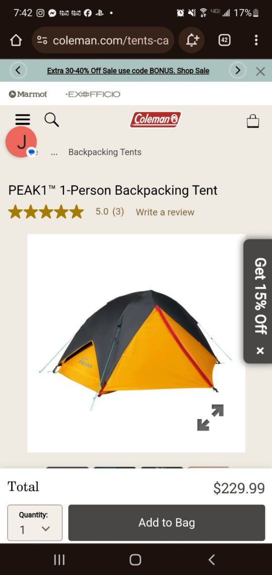  Coleman Peak1 1 PERSON backpacking Tent