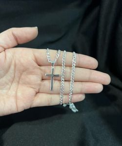 925 Sterling Silver Men's Women's Plain Cross Pendant & Curb Chain