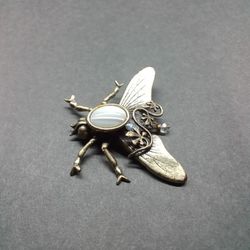 Gold Tone Bug Brooch W/Dangle Crystal And Underbelly Insects
