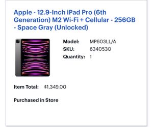 Ipad Pro 12.9 6th Gen M2 Cellular+Wifi