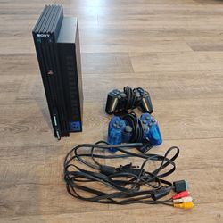 PlayStation 2 (PS2) Fat With Power And A/V Cables, Two Controllers And Two Memory Cards