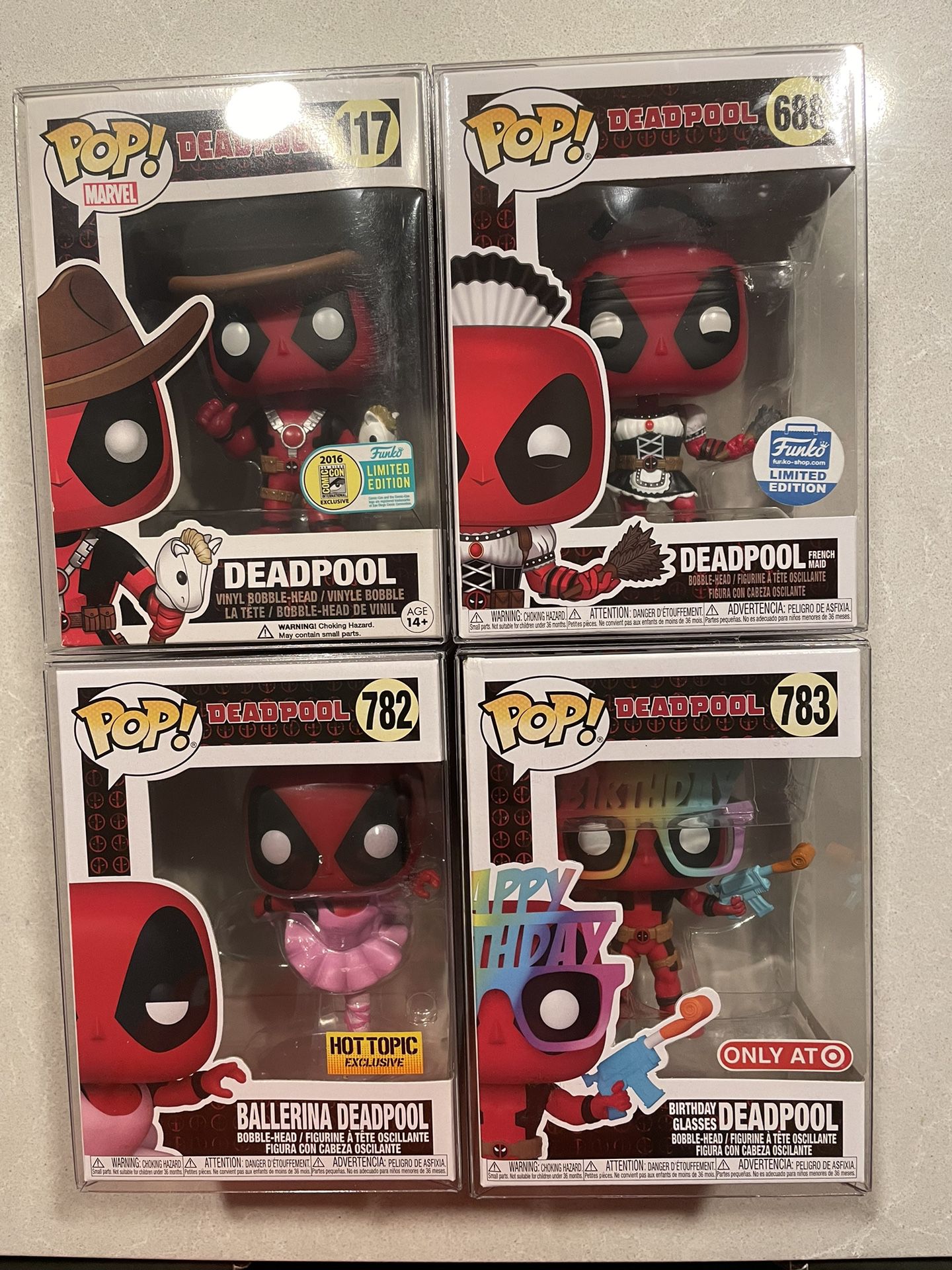 Deadpool Funko Pop Set Marvel Hot Topic Target SDCC Exclusive Deadpool 117 688 protector Ballerina 30th Cowboy French Maid 782 783