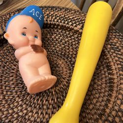 Vintage baby squeak toys - baseball player Ace and yellow bat 