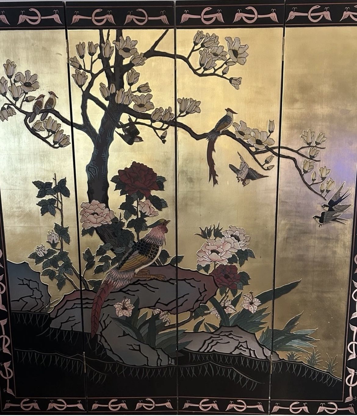 Vintage Chinese Hand Carved 6ft Four Panel SCREEN Hand Gold Birds Flowers