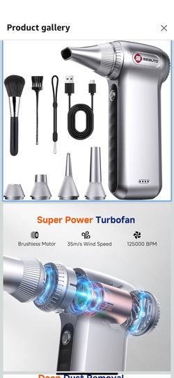 Compressed Air Duster-125,000 RPM Cordless Electric Air Duster, Rechargeable Super Power Air Blower with 3-Gear Turbo Fan, Air Blower for PC, Keyboard