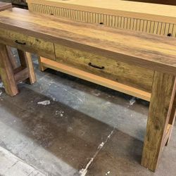 HL0199 63" Console Table with 2 Drawers, Farmhouse Entryway Table with H-Shaped Sturdy Legs for Hallway, Living Room, Brown