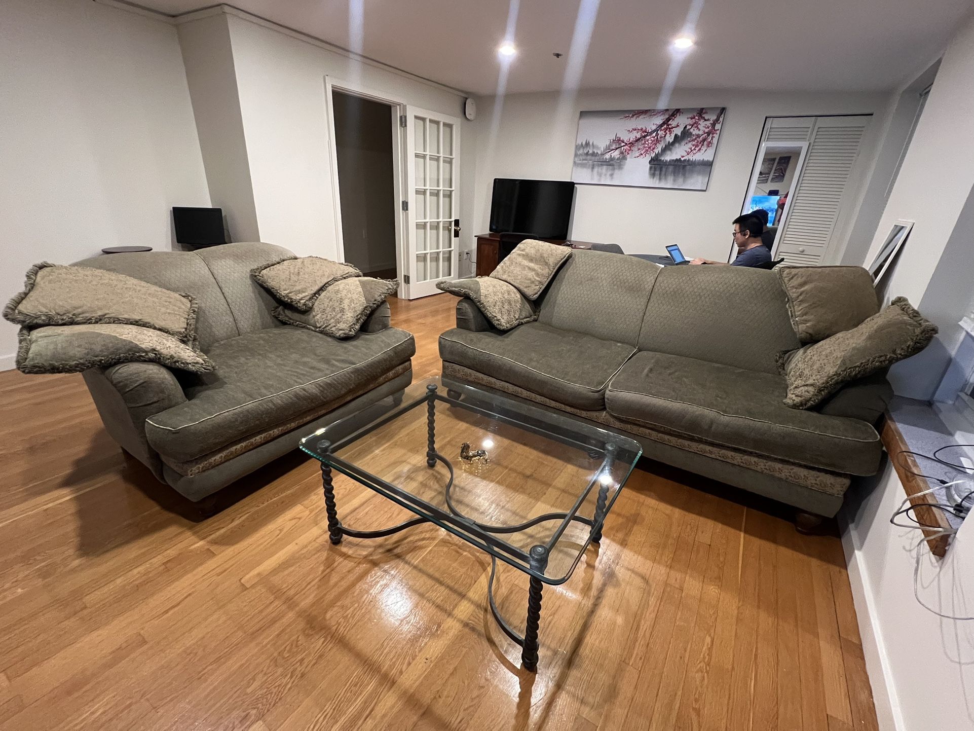 Sofa + love seat + one glass center table  (iron frame)