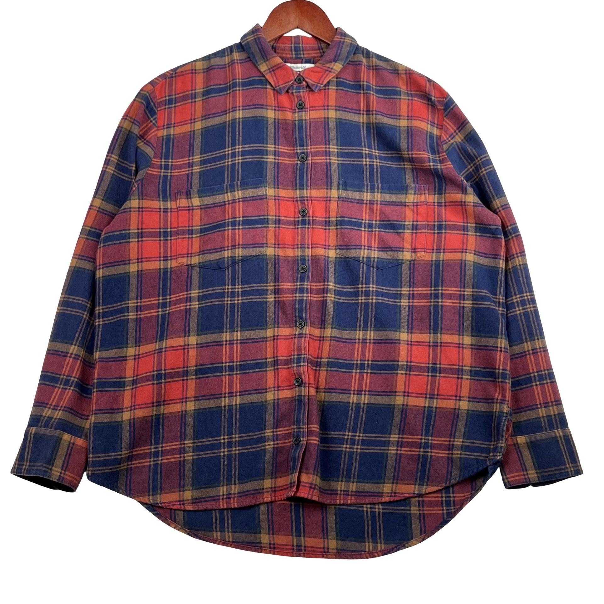 Madewell Womens Flannel Oversized Boyfriend Shirt Lewis Plaid Womens -L- Blue red