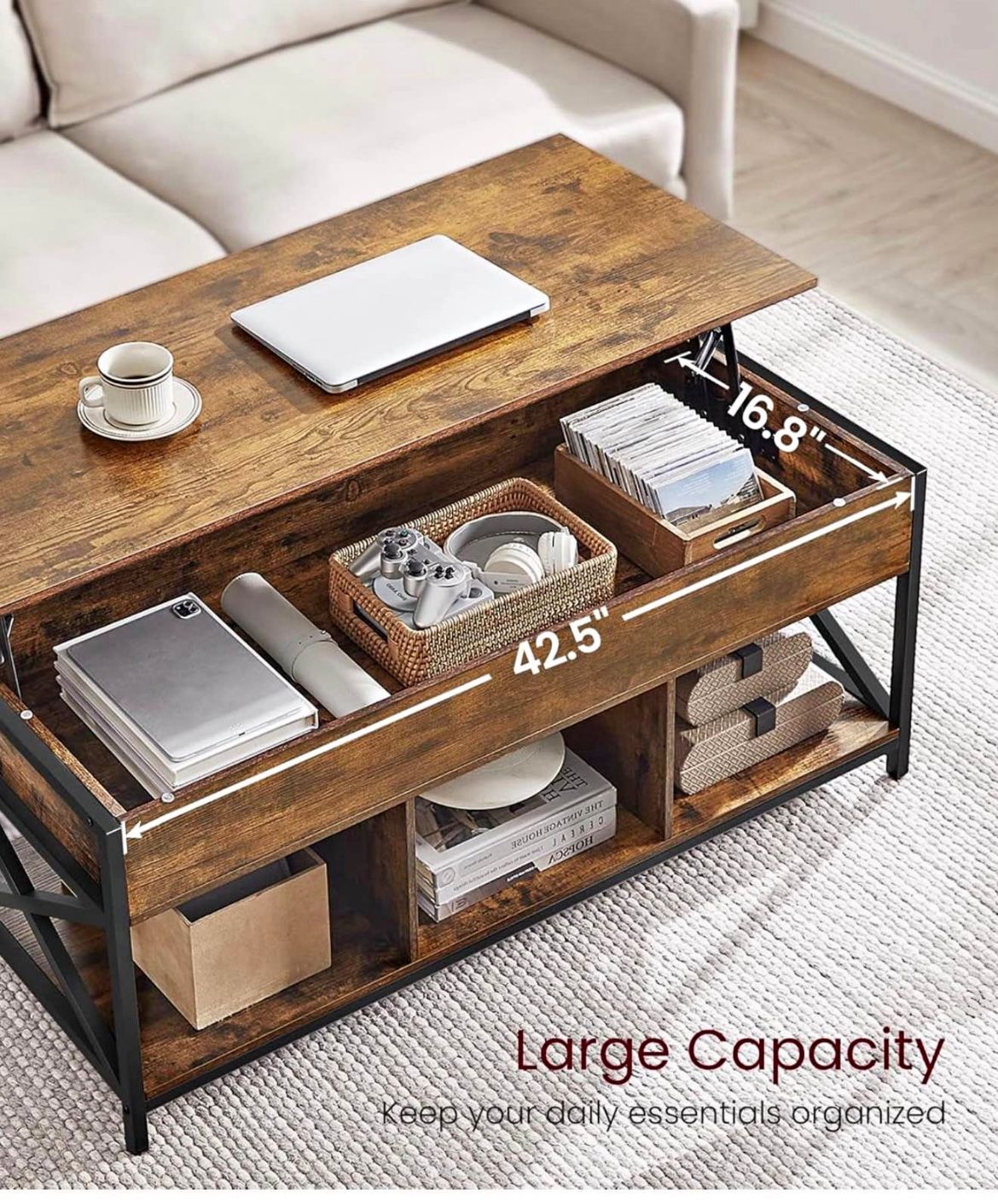 Lift Top Coffee Table, Lift Coffee Table with Storage Shelf, Hidden Compartments and Lifting Top, for Living Room, Office, 19.7 x 47.2 x (