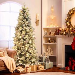 Brand New6.5Ft Pre-Lit Flocked Artificial Christmas Tree with Berries and Pinecones - 78" H x 40.6" AP1800