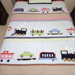 PBK Pottery Barn Kids "Ryder Train Quilt And Sheet Set" Twin Size