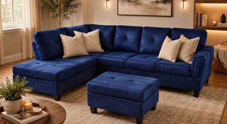 Royal Blue Velvet Sectional Sofa w/ Ottoman | Tufted | FREE Delivery!