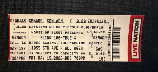 BLINK 180TRUE AND BABES AGAINST THE MACHINE Concert Tickets General Admission 5 Available Blink 182