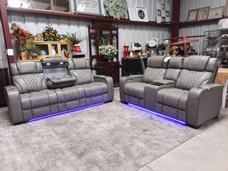 Genuine Top Grain Leather Sofa Set with LED Lights, 2 center Consoles, Reading Lights, USB Ports, Storage Arms, Wireless Chargers, Heated and Massage 