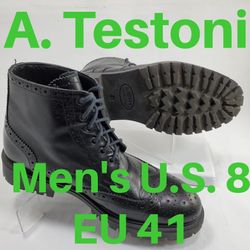 A. Testoni Mens EU 41 US 8 Wingtip Ankle Boots Italy Light Black Leather Lace Up