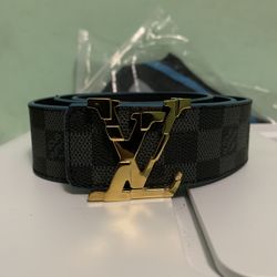 Louis Vuitton Belt Gold Buckle Gray Checkers 