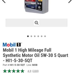 Mobil One 5w-30 20,000 Mile Oil 5quarts