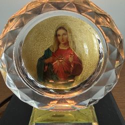 Virgin Mary Sacred Heart Acrylic Vtg Medallion Gold Catholic Prism