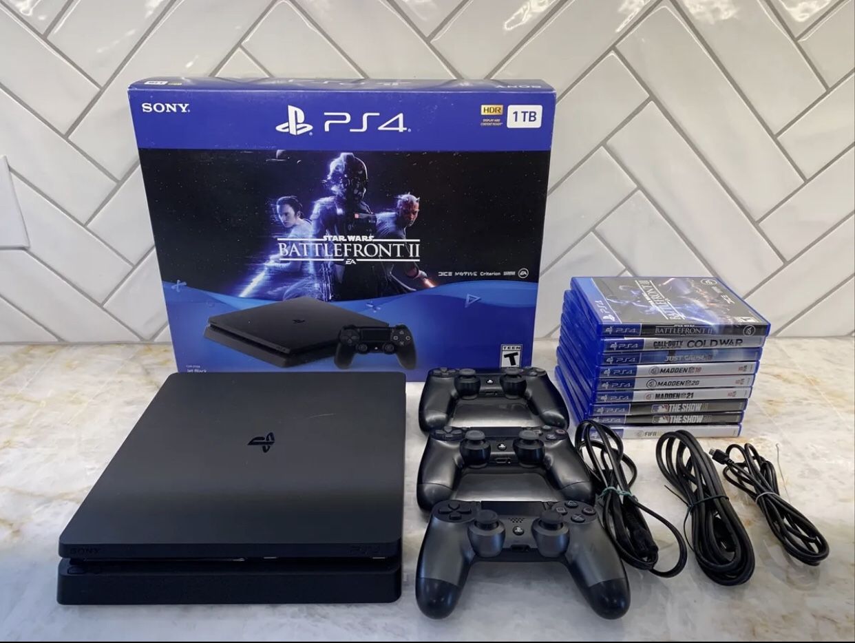 Like-New Ps4 Slim 1TB Full of Memory w/3 Flawless Controllers & Games (+All Cabling) for Sale ; OBO