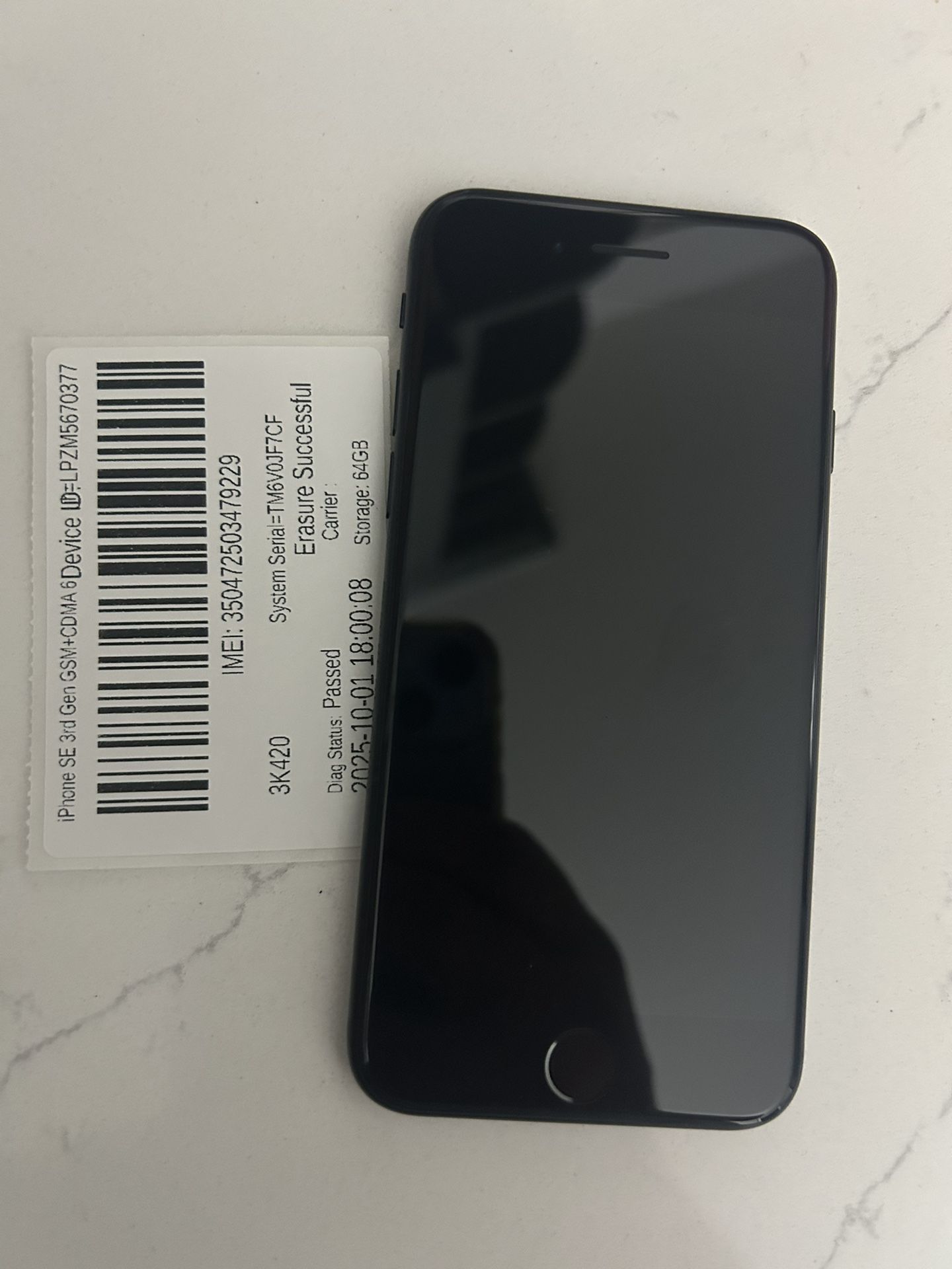 Apple iPhone SE 3 64GB Midnight LTE Cellular 3K420LL/A US reseller flex(unlocked , will first activate to any US carrier then locked to that carrier a