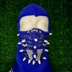 Royal Blue VMS Spike & Rhinestone Balaclava | Couture Face Ski Mask | Swarovski Crystal Mask | Designer  Mask