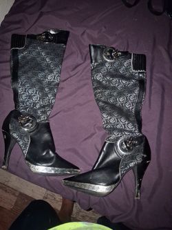 Black Monogram Knee-High Stiletto Boots