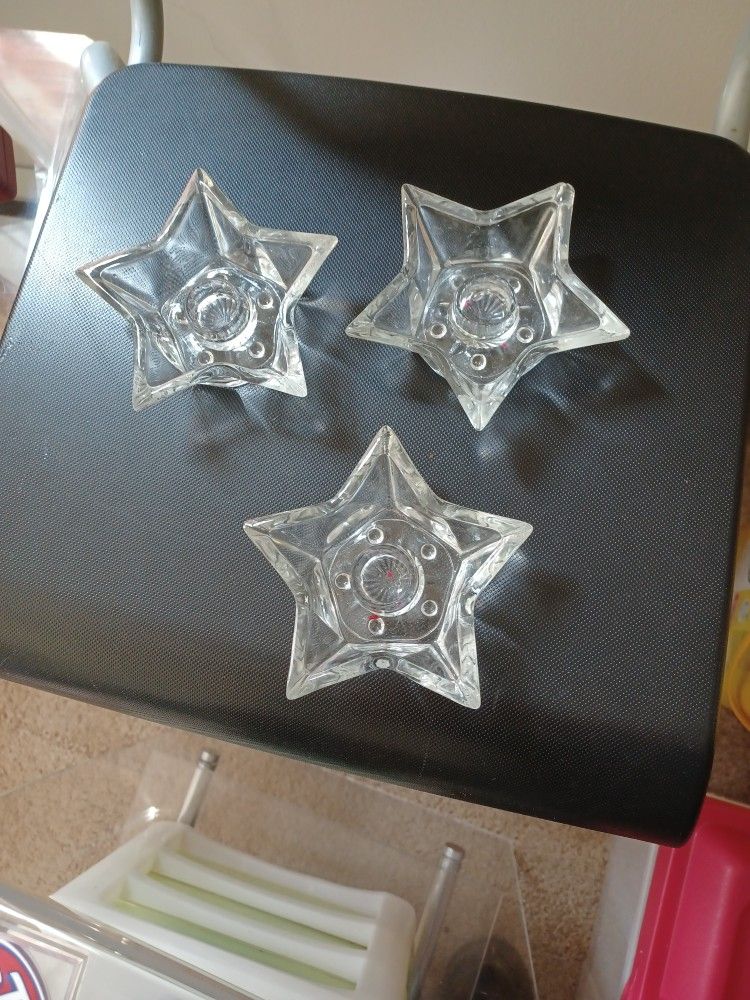 Three  Star Shaped Clear Glass Candle Holders