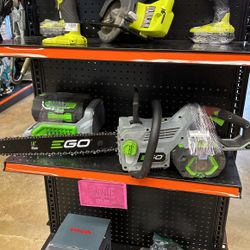 Ego. 18 inch cordless brushless chainsaw with two batteries and charger.